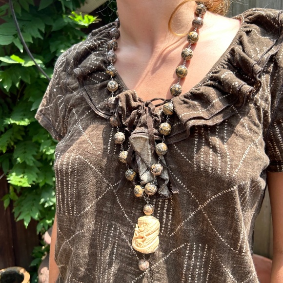 Ralph Lauren brown Kenyan African Ethnic Print ruffle trim short sleeve … - Picture 3 of 6